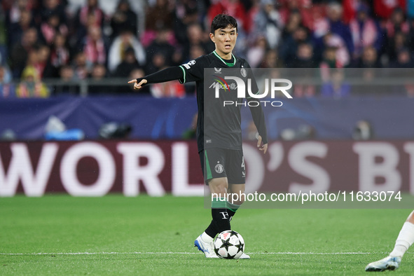 Inbeom Hwang of Feyenoord controls the ball during the UEFA Champions League 2024/25 League Phase MD2 match between Girona FC and Feyenoord...