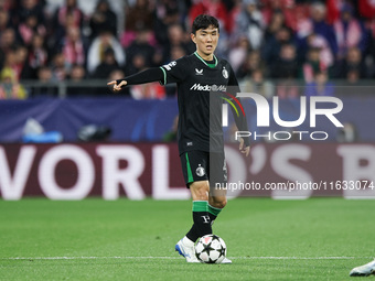 Inbeom Hwang of Feyenoord controls the ball during the UEFA Champions League 2024/25 League Phase MD2 match between Girona FC and Feyenoord...