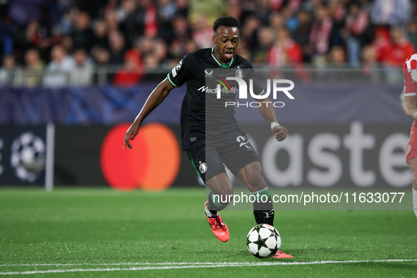 Antoni Milambo of Feyenoord controls the ball during the UEFA Champions League 2024/25 League Phase MD2 match between Girona FC and Feyenoor...