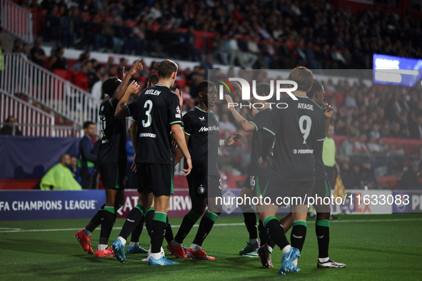 Antoni Milambo of Feyenoord celebrates after scoring a goal with his teammates during the UEFA Champions League 2024/25 League Phase MD2 mat...