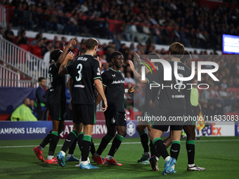 Antoni Milambo of Feyenoord celebrates after scoring a goal with his teammates during the UEFA Champions League 2024/25 League Phase MD2 mat...