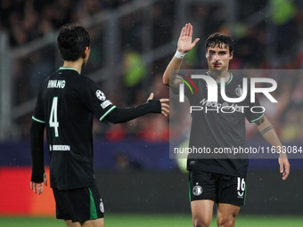 Hugo Bueno of Feyenoord celebrates a goal with Inbeom Hwang of Feyenoord during the UEFA Champions League 2024/25 League Phase MD2 match bet...