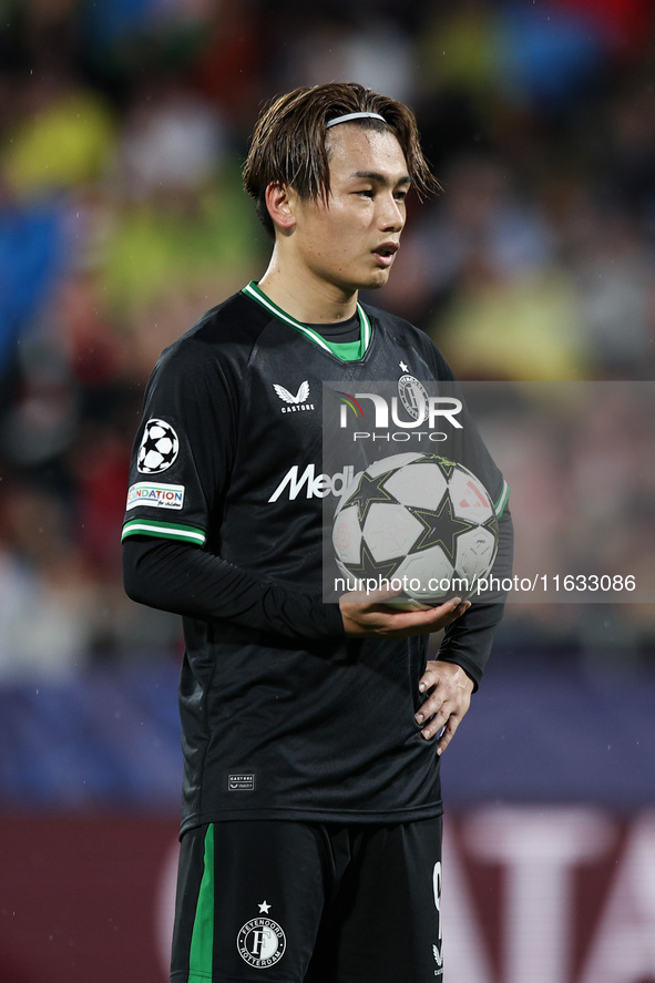 Ayase Ueda of Feyenoord has the ball during the UEFA Champions League 2024/25 League Phase MD2 match between Girona FC and Feyenoord at Esta...