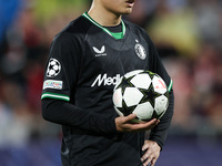 Ayase Ueda of Feyenoord has the ball during the UEFA Champions League 2024/25 League Phase MD2 match between Girona FC and Feyenoord at Esta...