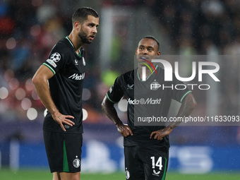 Igor Paixao of Feyenoord talks with David Hancko of Feyenoord during the UEFA Champions League 2024/25 League Phase MD2 match between Girona...