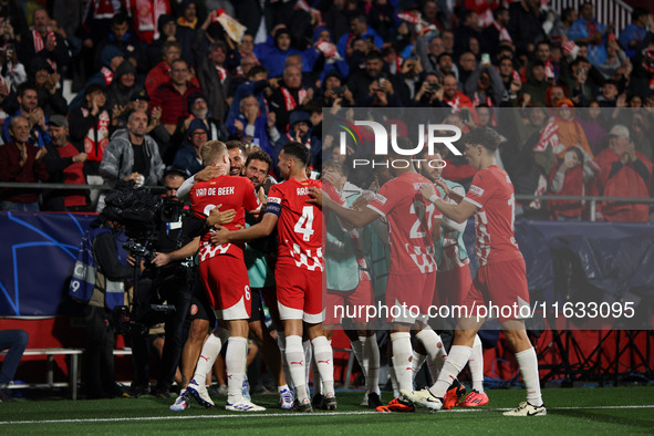 Van de Beek of Girona FC celebrates a goal with his teammates during the UEFA Champions League 2024/25 League Phase MD2 match between Girona...