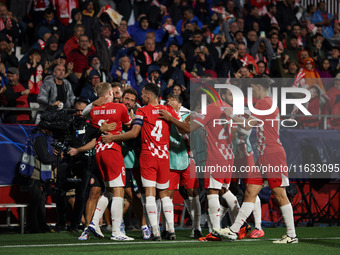 Van de Beek of Girona FC celebrates a goal with his teammates during the UEFA Champions League 2024/25 League Phase MD2 match between Girona...