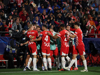 Van de Beek of Girona FC celebrates a goal with his teammates during the UEFA Champions League 2024/25 League Phase MD2 match between Girona...