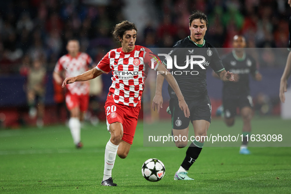 Bryan Gil of Girona FC controls the ball during the UEFA Champions League 2024/25 League Phase MD2 match between Girona FC and Feyenoord at...