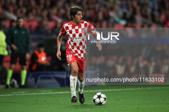 Bryan Gil of Girona FC controls the ball during the UEFA Champions League 2024/25 League Phase MD2 match between Girona FC and Feyenoord at...