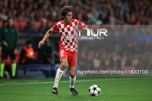 Bryan Gil of Girona FC controls the ball during the UEFA Champions League 2024/25 League Phase MD2 match between Girona FC and Feyenoord at...