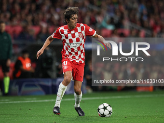 Bryan Gil of Girona FC controls the ball during the UEFA Champions League 2024/25 League Phase MD2 match between Girona FC and Feyenoord at...