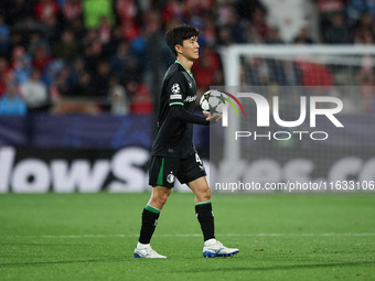 Inbeom Hwang of Feyenoord has the ball during the UEFA Champions League 2024/25 League Phase MD2 match between Girona FC and Feyenoord at Es...