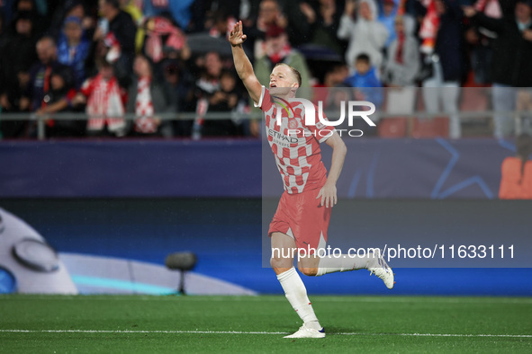 Van de Beek of Girona FC celebrates after scoring a goal during the UEFA Champions League 2024/25 League Phase MD2 match between Girona FC a...