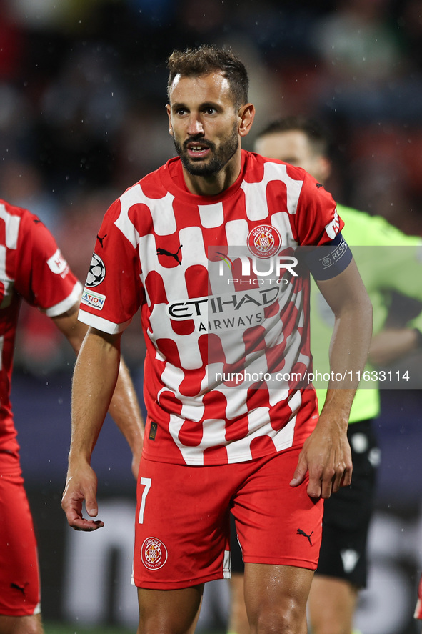 Stuani of Girona FC participates in the UEFA Champions League 2024/25 League Phase MD2 match between Girona FC and Feyenoord at Estadi Monti...