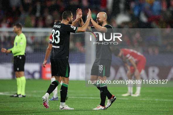 David Hancko of Feyenoord celebrates the victory with Gernot Trauner of Feyenoord during the UEFA Champions League 2024/25 League Phase MD2...