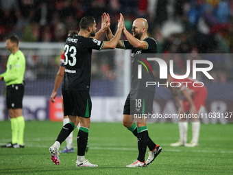 David Hancko of Feyenoord celebrates the victory with Gernot Trauner of Feyenoord during the UEFA Champions League 2024/25 League Phase MD2...