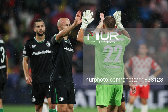 Timon Wellenreuther of Feyenoord celebrates the victory with Gernot Trauner of Feyenoord during the UEFA Champions League 2024/25 League Pha...