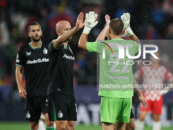 Timon Wellenreuther of Feyenoord celebrates the victory with Gernot Trauner of Feyenoord during the UEFA Champions League 2024/25 League Pha...