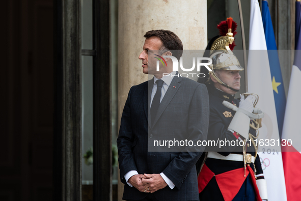 President of the French Republic Emmanuel Macron holds a bilateral meeting with Norodom Sihamoni, King of Cambodia, in Paris, France, on Oct...