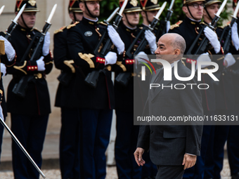 President of the French Republic Emmanuel Macron holds a bilateral meeting with Norodom Sihamoni, King of Cambodia, in Paris, France, on Oct...