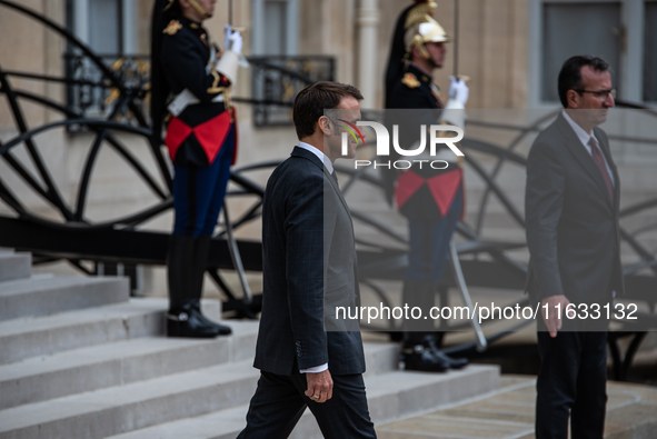 President of the French Republic Emmanuel Macron holds a bilateral meeting with Norodom Sihamoni, King of Cambodia, in Paris, France, on Oct...