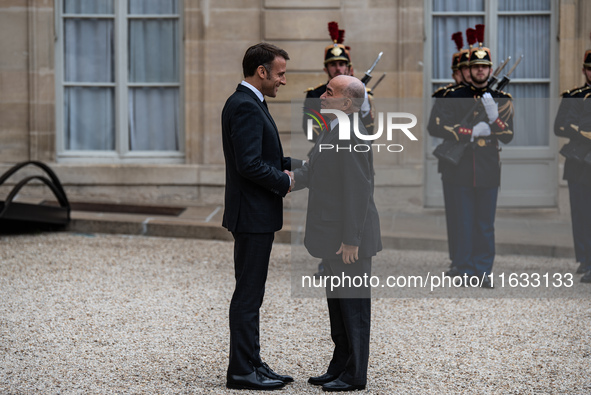 President of the French Republic Emmanuel Macron holds a bilateral meeting with Norodom Sihamoni, King of Cambodia, in Paris, France, on Oct...