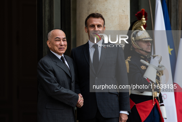 President of the French Republic Emmanuel Macron holds a bilateral meeting with Norodom Sihamoni, King of Cambodia, in Paris, France, on Oct...