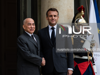 President of the French Republic Emmanuel Macron holds a bilateral meeting with Norodom Sihamoni, King of Cambodia, in Paris, France, on Oct...