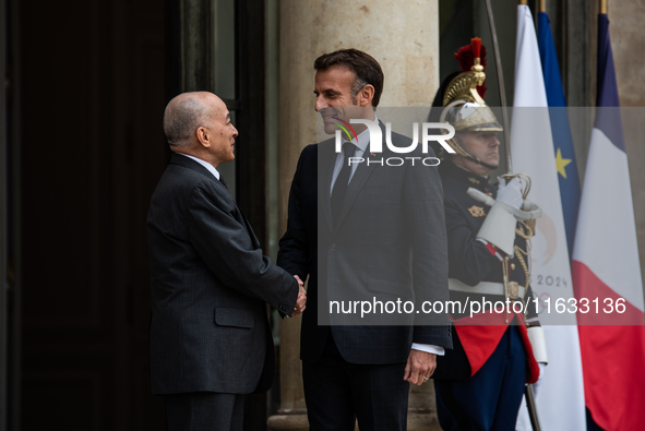 President of the French Republic Emmanuel Macron holds a bilateral meeting with Norodom Sihamoni, King of Cambodia, in Paris, France, on Oct...