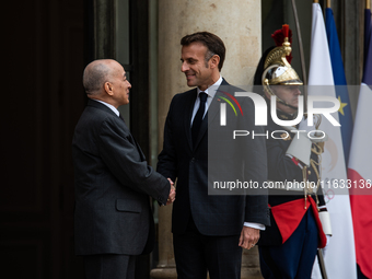 President of the French Republic Emmanuel Macron holds a bilateral meeting with Norodom Sihamoni, King of Cambodia, in Paris, France, on Oct...