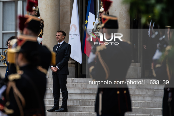 President of the French Republic Emmanuel Macron holds a bilateral meeting with Norodom Sihamoni, King of Cambodia, in Paris, France, on Oct...