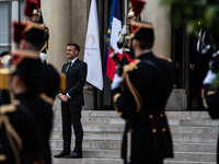 President of the French Republic Emmanuel Macron holds a bilateral meeting with Norodom Sihamoni, King of Cambodia, in Paris, France, on Oct...