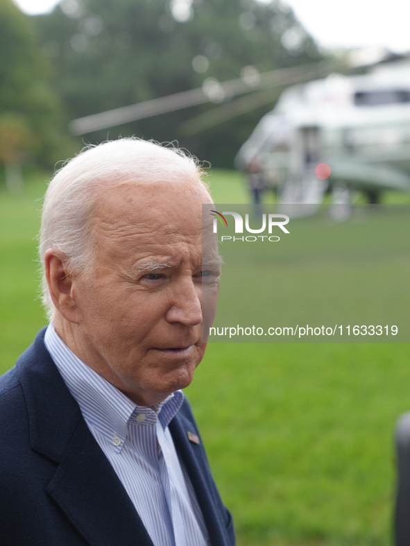 President Biden takes questions from the press about Israel and Iran as he boards Marine One, on October 3, 2024. 