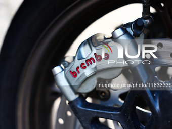 Brembo logo is seen on a motorcycle in Krakow, Poland on October 1, 2024. (