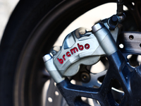 Brembo logo is seen on a motorcycle in Krakow, Poland on October 1, 2024. (