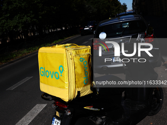 Glovo bag is seen on a scooter in Krakow, Poland on October 1, 2024. (