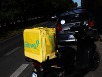 Glovo bag is seen on a scooter in Krakow, Poland on October 1, 2024. (