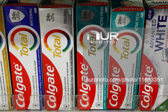 Colgate packaging are seen in a store in Krakow, Poland on October 2, 2024. 