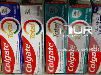 Colgate packaging are seen in a store in Krakow, Poland on October 2, 2024. (