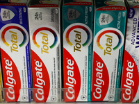 Colgate packaging are seen in a store in Krakow, Poland on October 2, 2024. (