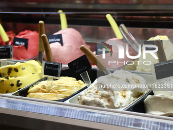 Ice cream is seen in a cafe in Krakow, Poland on October 2, 2024. (