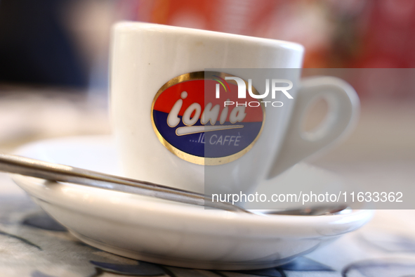 Ionia logo is seen on a cup of coffee in a cafe in this illustration photo taken in Krakow, Poland on October 2, 2024. 