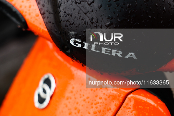 Gilera logo is seen on a scooter in Krakow, Poland on October 2, 2024. 