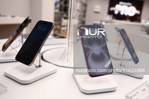 Apple iPhone 16 are seen in a store in Krakow, Poland on October 2, 2024. 