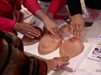 Breast models used for cancer detection testing are seen in a stand during the cancer prevention campaign in a shopping mall in Krakow, Pola...