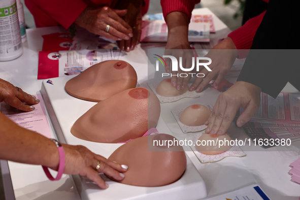 Breast models used for cancer detection testing are seen in a stand during the cancer prevention campaign in a shopping mall in Krakow, Pola...