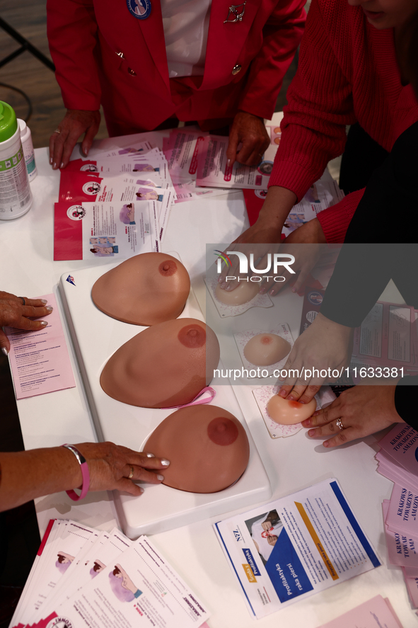 Breast models used for cancer detection testing are seen in a stand during the cancer prevention campaign in a shopping mall in Krakow, Pola...