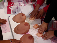 Breast models used for cancer detection testing are seen in a stand during the cancer prevention campaign in a shopping mall in Krakow, Pola...