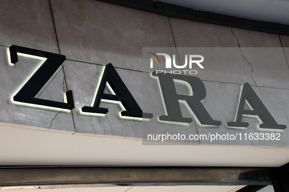 Zara logo is seen in a shopping mall in Krakow, Poland on October 2, 2024. 